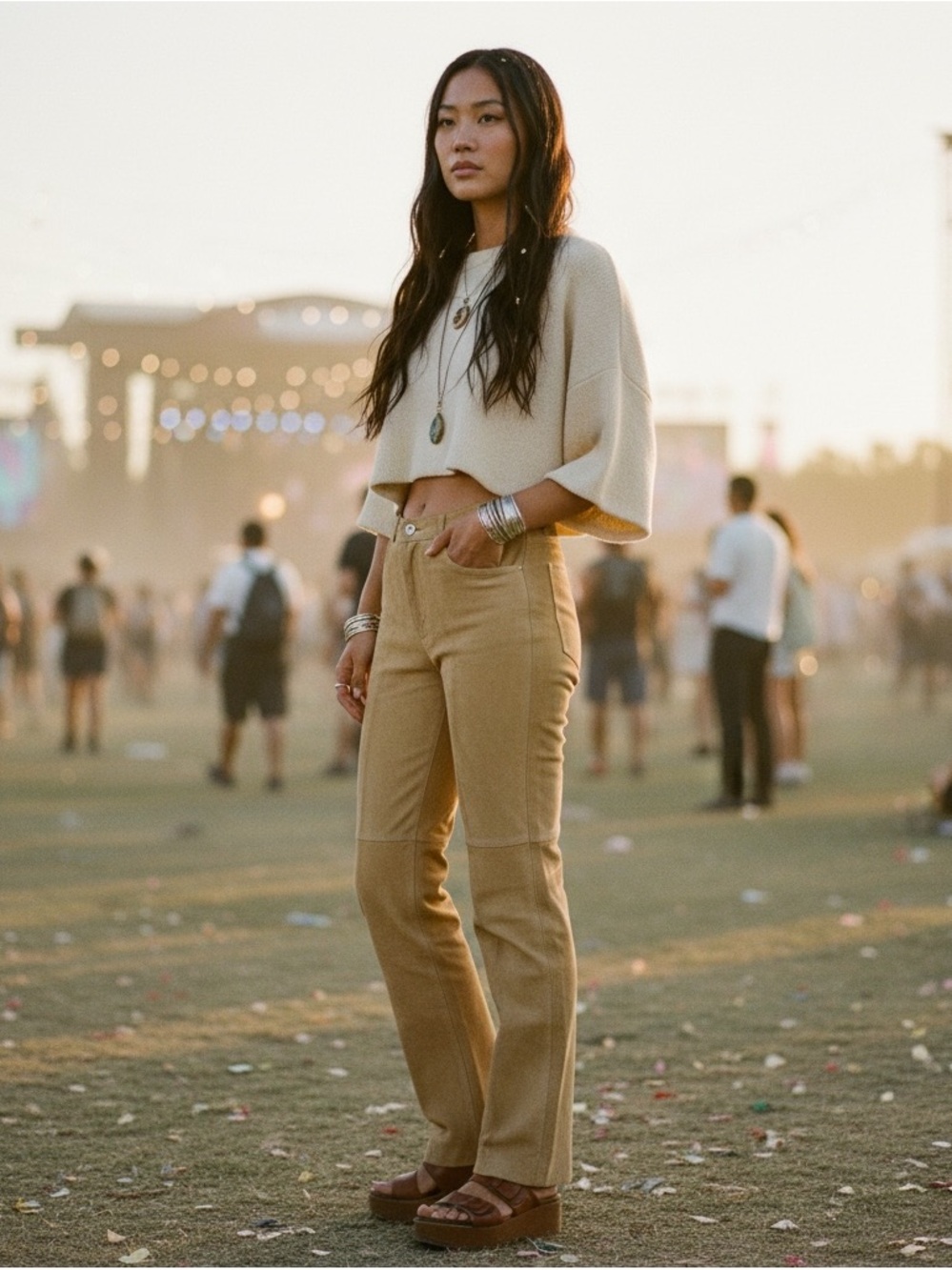 Vintage Tan Suede Leather‎ Pants Women’s Straight Leg Boho Festival - Size 28